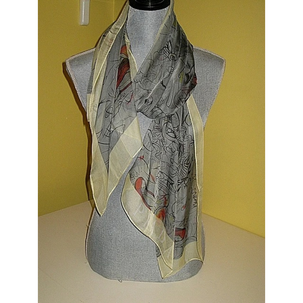 Prada Authentic 100% Silk Made In Italy Gray James Jean Fairy Womens Neck Scarf